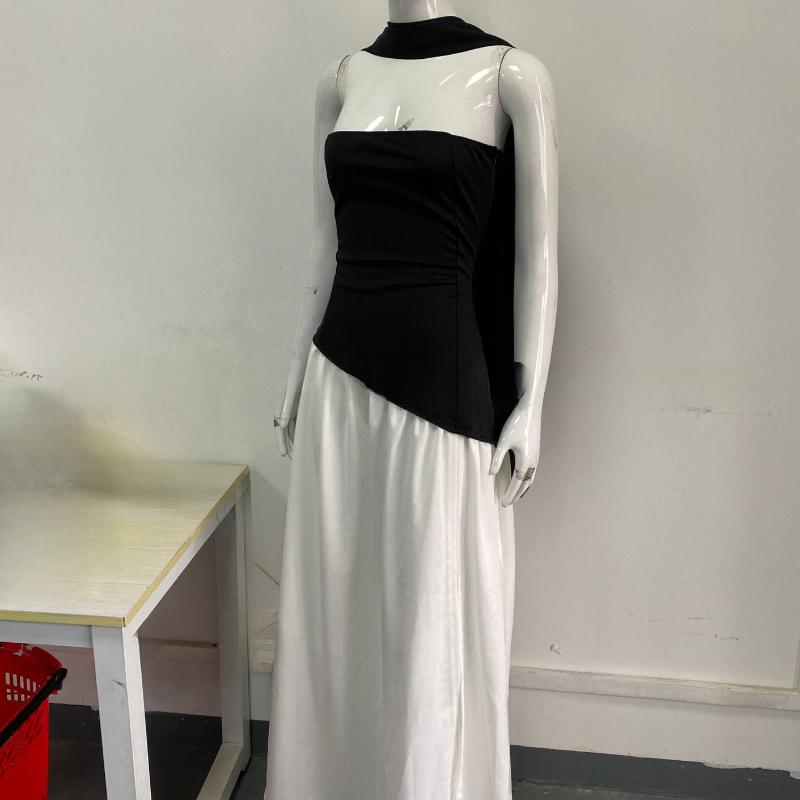 European and American spring/summer color blocked women's strapless slimming style street off shoulder dress