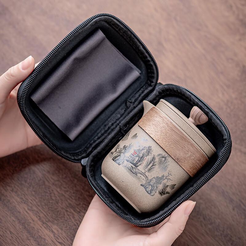 Baizi'en Landscape Lotus Coarse Pottery Portable Travel Tea Set