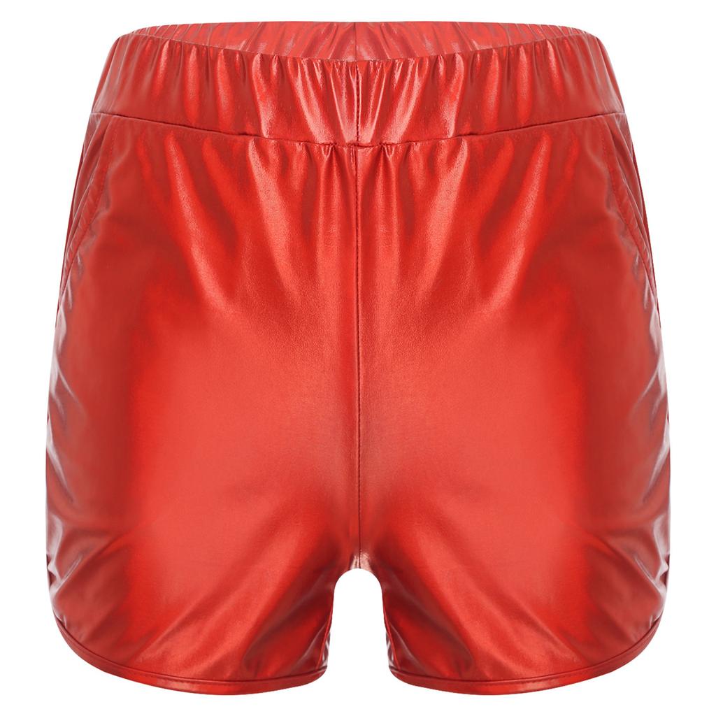 Shorts de Booty Métalliques Brillants pour Femmes Taille Élastique Poches Latérales Shorts Rave