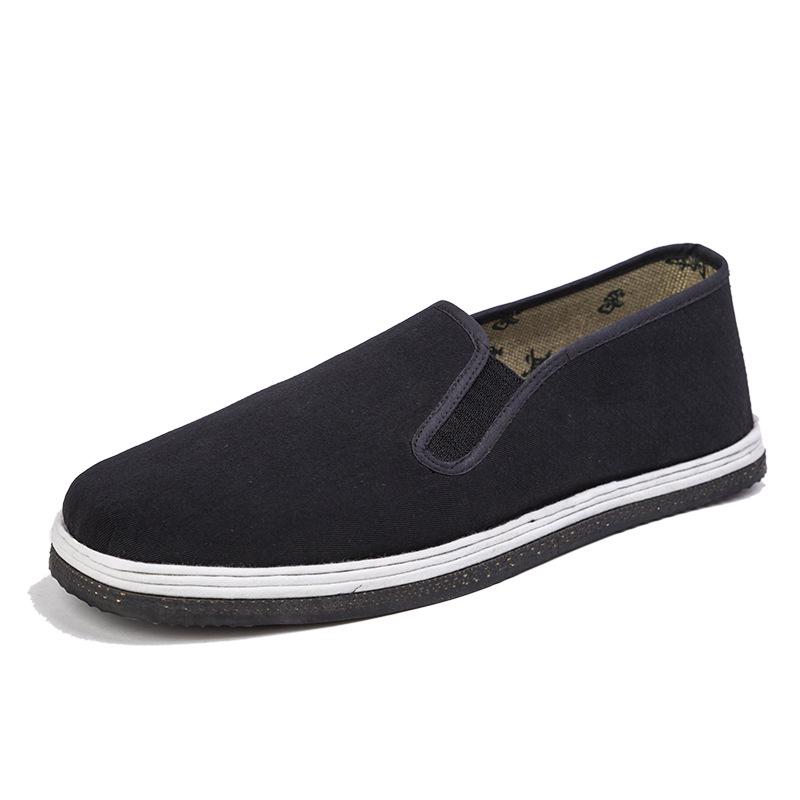 Men's Traditional Handmade Black Cloth Shoes, Thick Sole, Slip-On, Flat Bottom, Stitched Design, Old Beijing Style.