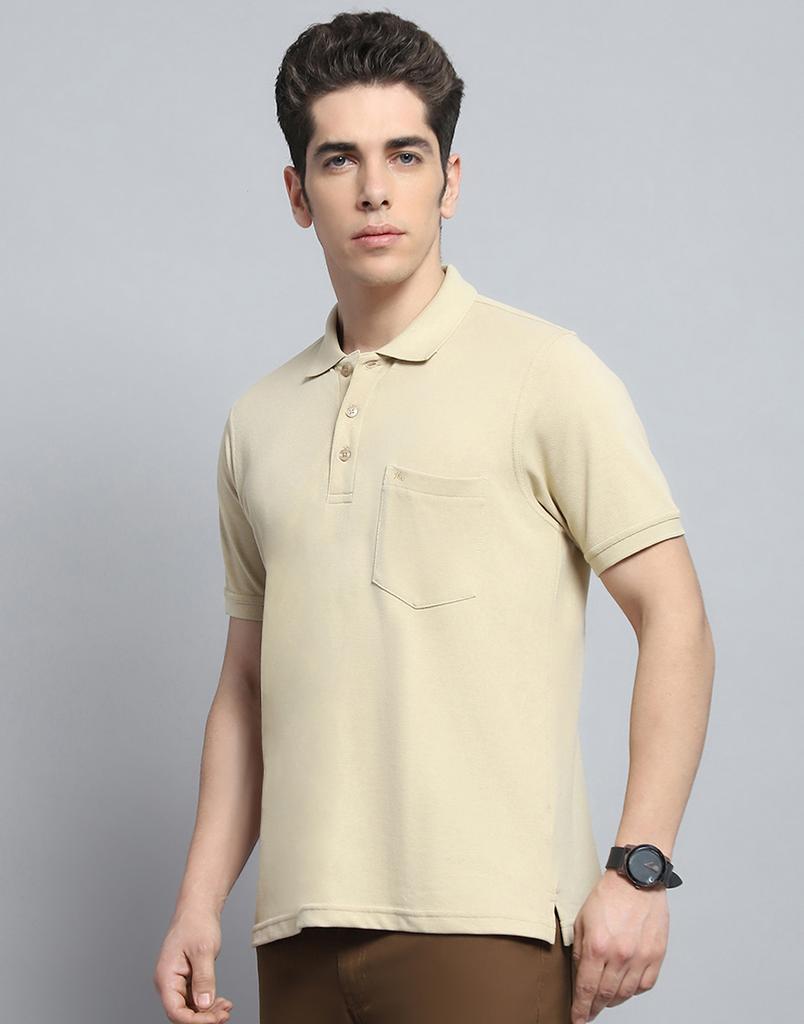 Monte Carlo Mens Solid Beige Collar Neck Half Sleeve T-Shirt