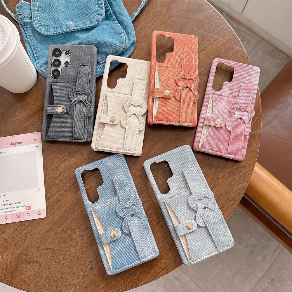 Chic Vintage Heart Bow Wrist Strap Jeans Texture Phone Case for SamSung Galaxy S26 Ultra S25 S24 S23 Card Holder Protect Cover