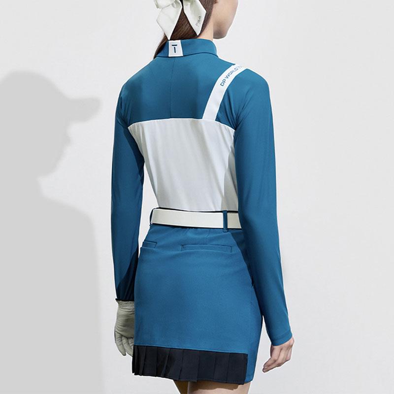 FILA Color Block Golf Knit Long Sleeve Polo Shirt Women tops Loco-Blue A11W415216F-DG