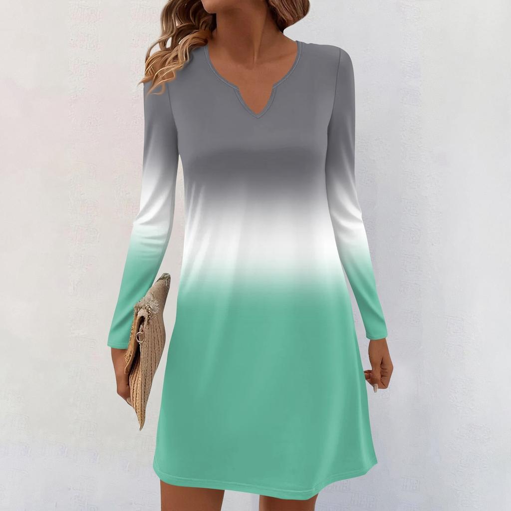 Women's Long-sleeved Casual Midi Dresses V-Neck Print  Casual Dress