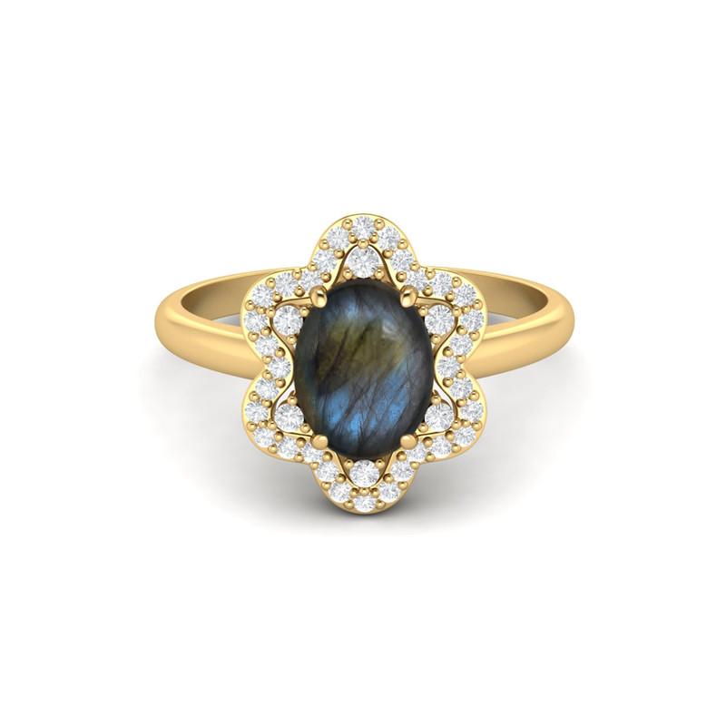 8X6MM Oval Labradorite Gemstone 925 Sterling Silver Gold Plated Solitaire Halo Women Engagement Ring