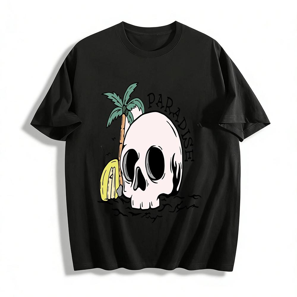 Retro Skull Coconut Tree Vacation Style Printed T-Shirt Pure cotton T-shirt XXS