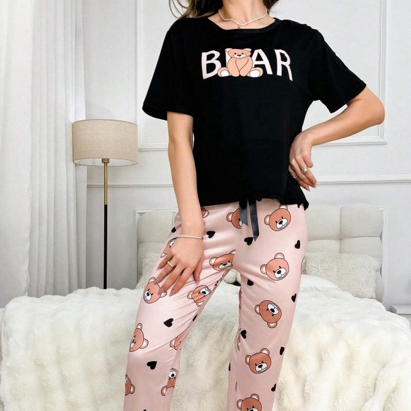 Women's Loungewear Pajamas Crew Neck Print Short-sleeved T-shirt Top and Trousers Set