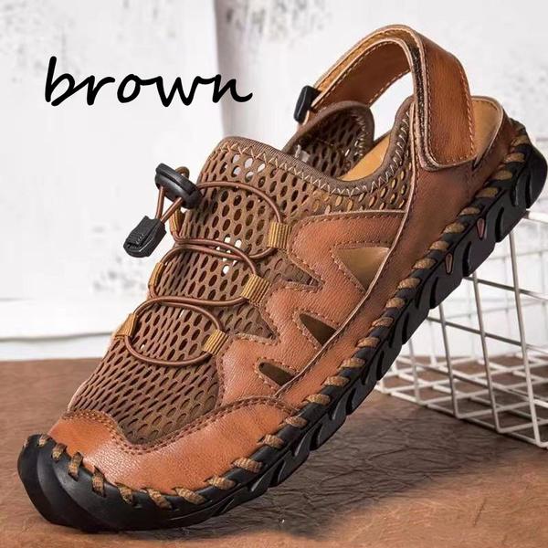 Sandalias de malla transpirable para hombre, sandalias de playa informales de verano, Sandalias planas de piel de vaca auténtica, sandalias para vadear de talla grande 38-48