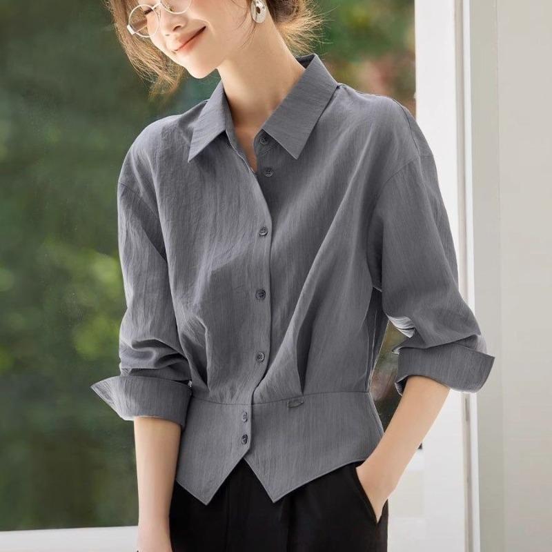 

Elegant French Style Womens Blouse Spring Autumn Slim Fit Shirt Office Casual Tops XXL сірий