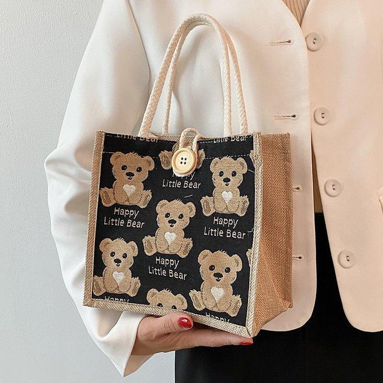Bear linen tote bag women go out handbag small satchel student shoulder bag tide