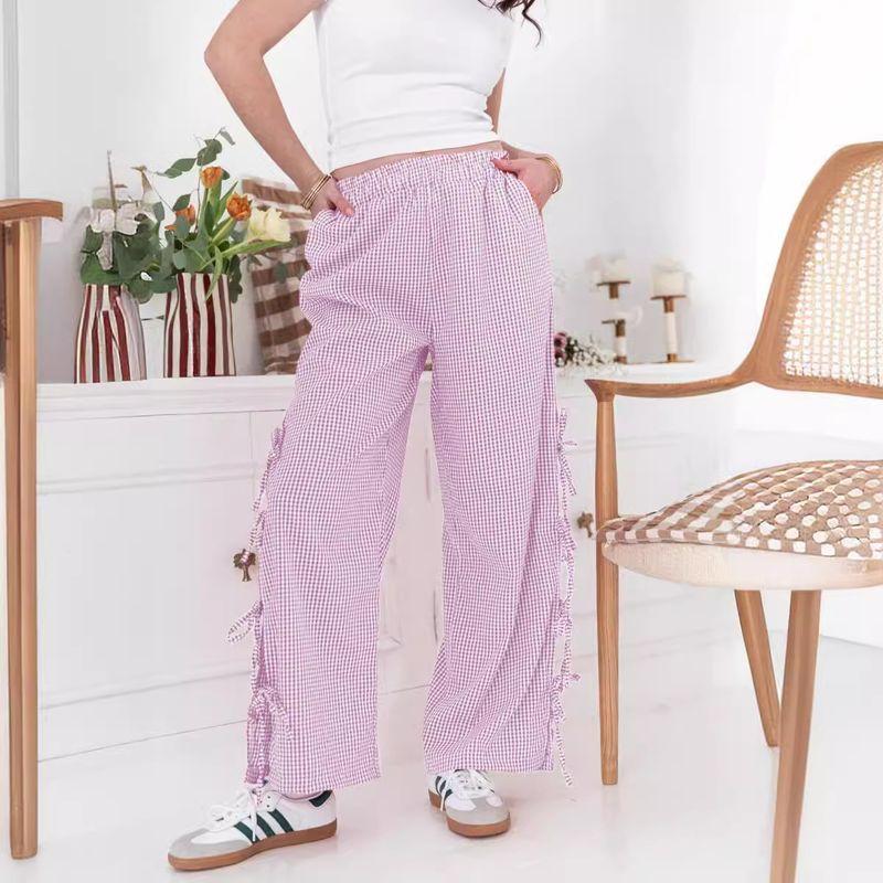 

European and American Summer Fashion Women clothes Plaid Lace-up Fork Commuter Women s Trousers Wide-Leg Pants Women Pink M