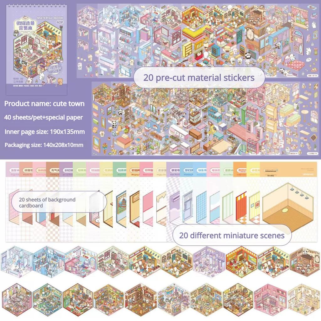 Miniature Scene Collection Book with 20pcs Scene Card Paper & 25pcs Sticker & 1 Count Tweezers, 3D DIY Decorative Sticker Book,