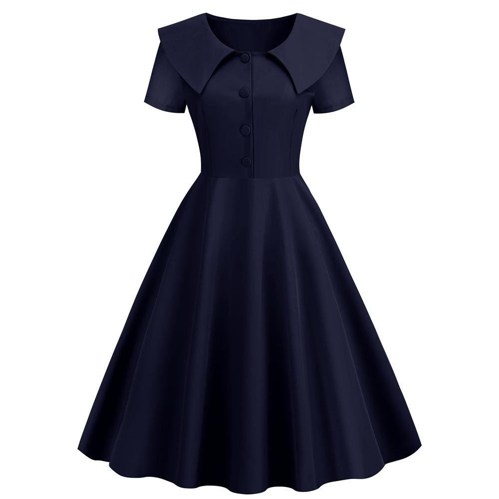 Retro Women Dress Turn-down Collar Shortn Sleeves A-line Big Swing Buttons Slim Fit Solid Color 50s Ball Prom Midi Dress