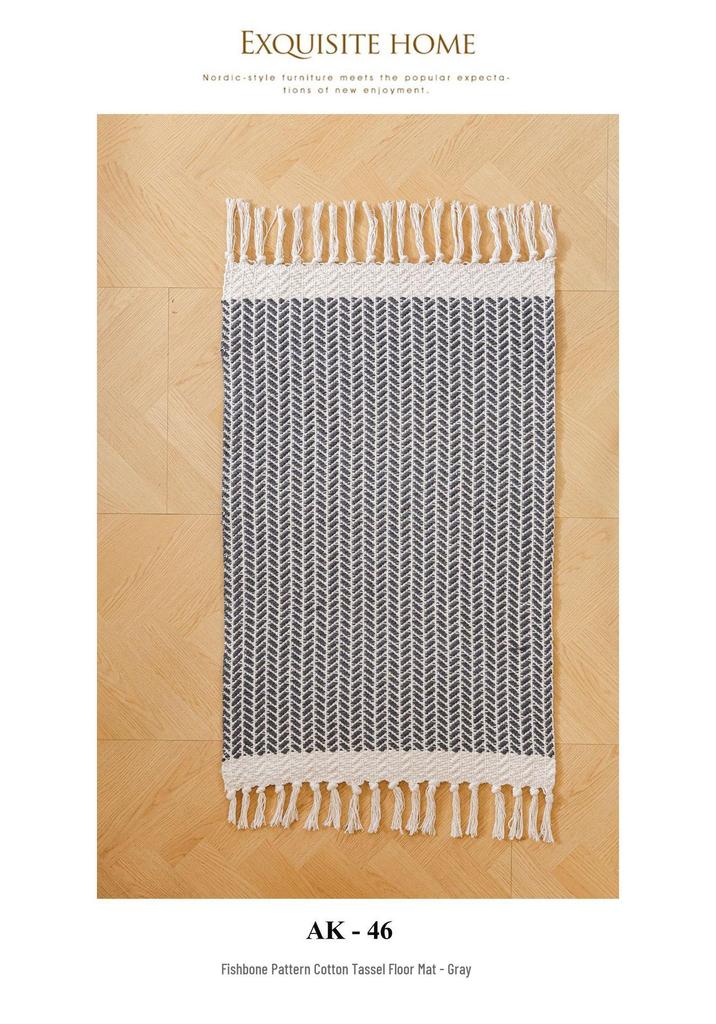 Handwoven Cotton Fishbone Pattern Floor Mat, Machine Washable, Long Strip Design for Bedside or Cloakroom