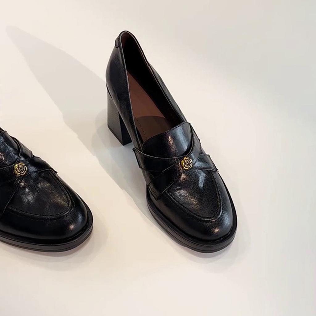 Sheepskin~ Retro Camellia High-heeled Loafers Women's One-pedal Commuting Thick-heeled Single Shoes Temperament Black Small Leather Shoes