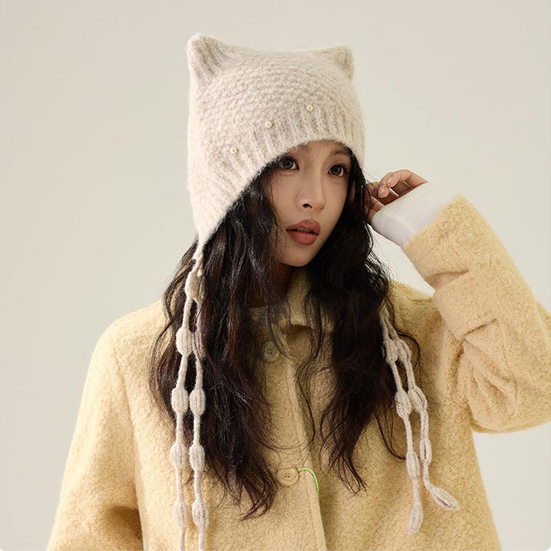 Perlenquasten Bärenohren Strickmütze Damen Winter Ohrenschutz Warme Wollmütze