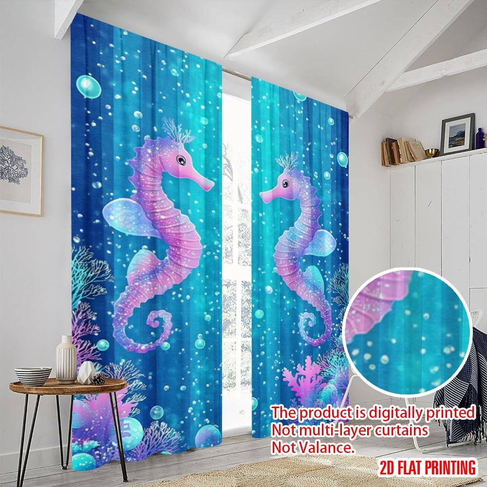 2pcs,2D plane printing Curtain Fabric Dreamy Seahorses Versatile Fabric (without rod) Festive Perfect for Study, Living Room,