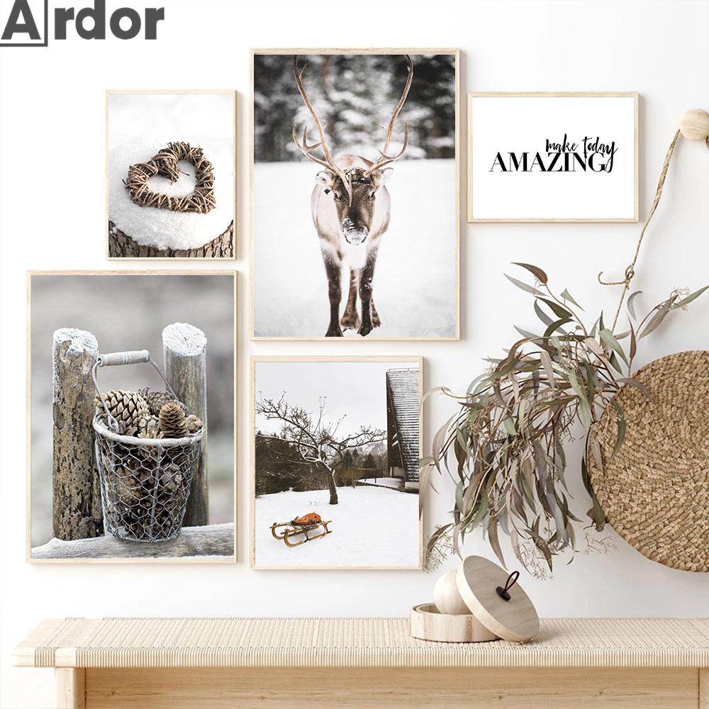 Zima Snow Tree Pine Nástěnný Umělecký plakát Obrazy sobů Obraz na plátně Dům Auto Plakáty Nordic Wall Pictures Dekor do obývacího pokoje