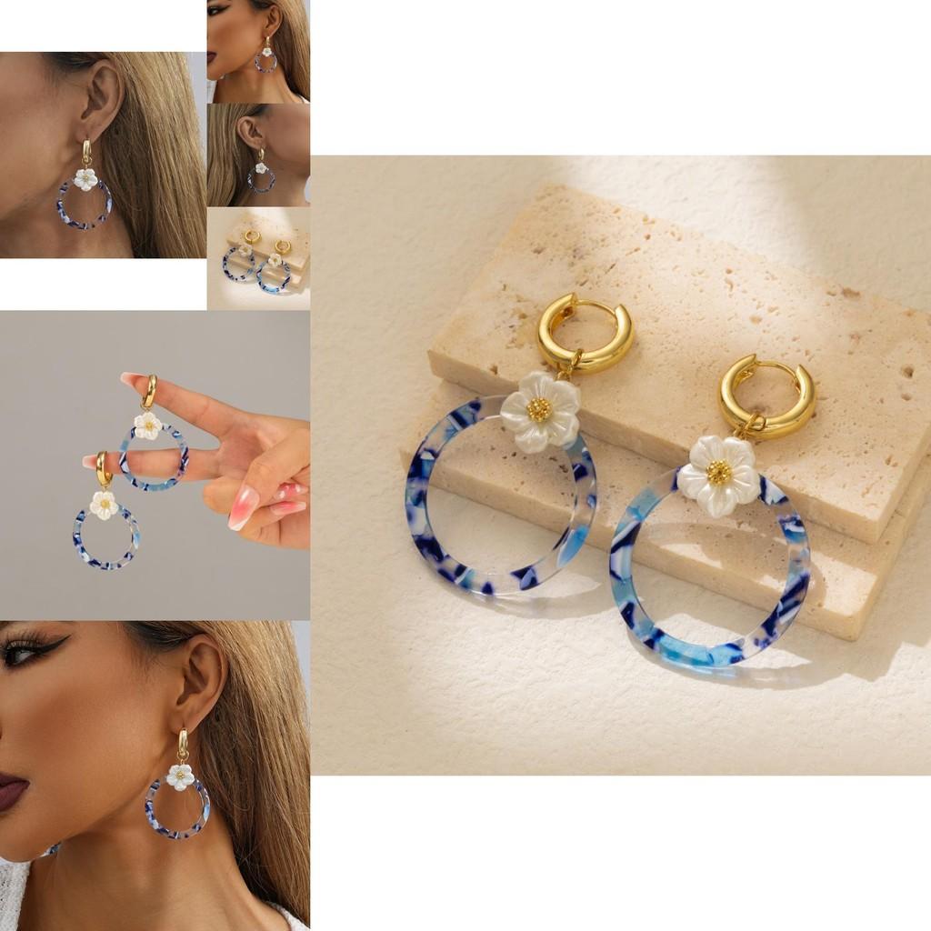 Elegant Alloy Geometric Flower Circle Earrings Fashion Versatile Street Style For Women