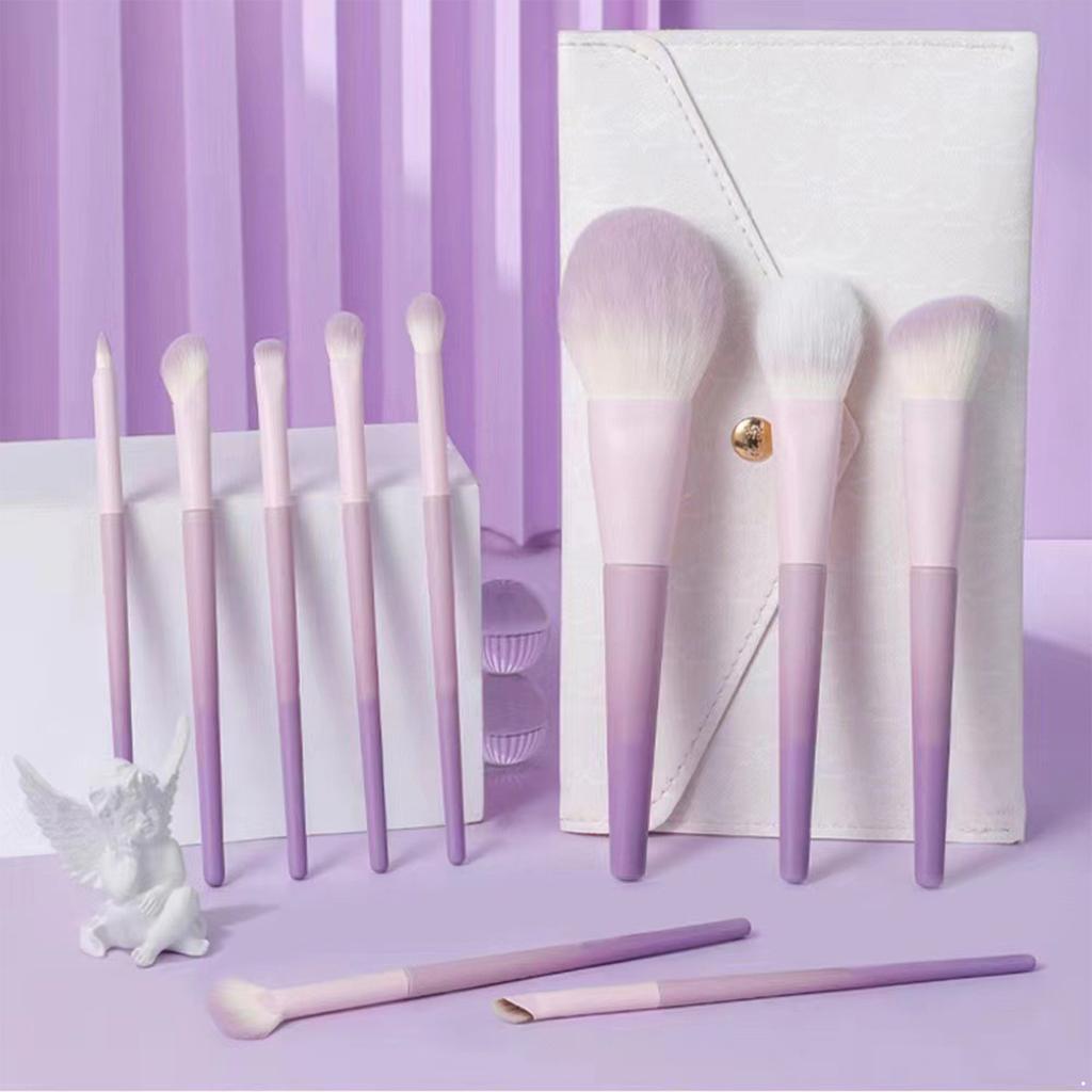 10Pcs Makeup Brush Set with Travel Pouch – Soft Synthetic Bristles, Gradient Handles – For Foundation, Powder, Eyeshadow & Eyeliner
