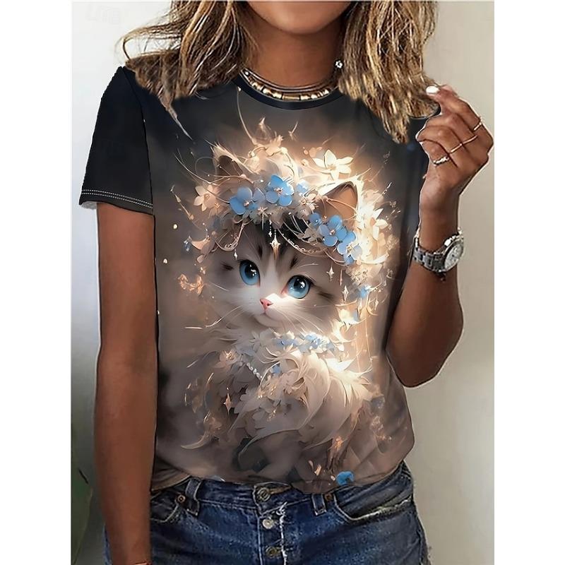 Women's round-neck T-shirt with a cat pattern print
