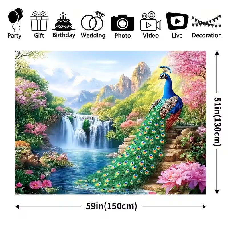 2D Dreamy Peacock Garden Tapestry with Waterfall and Flowers 47.2x31.5inch/120*80cm
