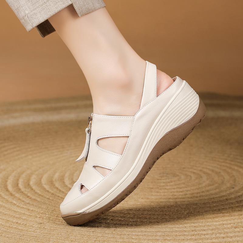 

женские летние кожаные сандалии на толстой танкетке, с мягкой подошвой, полые, дышащие, легкие, нескользящие, повседневные 35