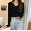 Pullocardi Ribbed Knit Sweater in Pure Long Sleeve Pullover with Button Loose Stylish Black Women's V-Neck Color, Cuffs, Fit,