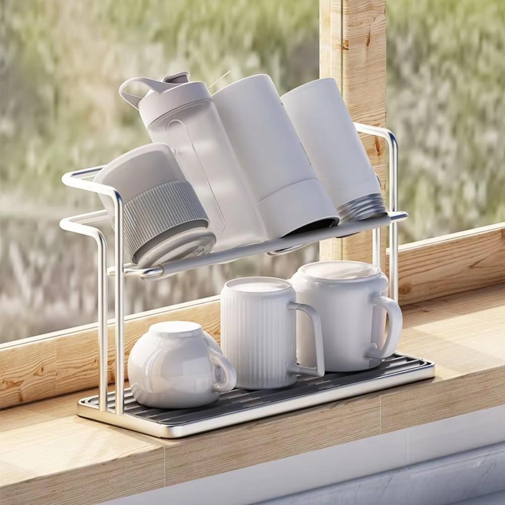 2 Tier Cup Storage Rack with Drain Tray Cup Organizer Household Bottle Drying Rack  Water Bar