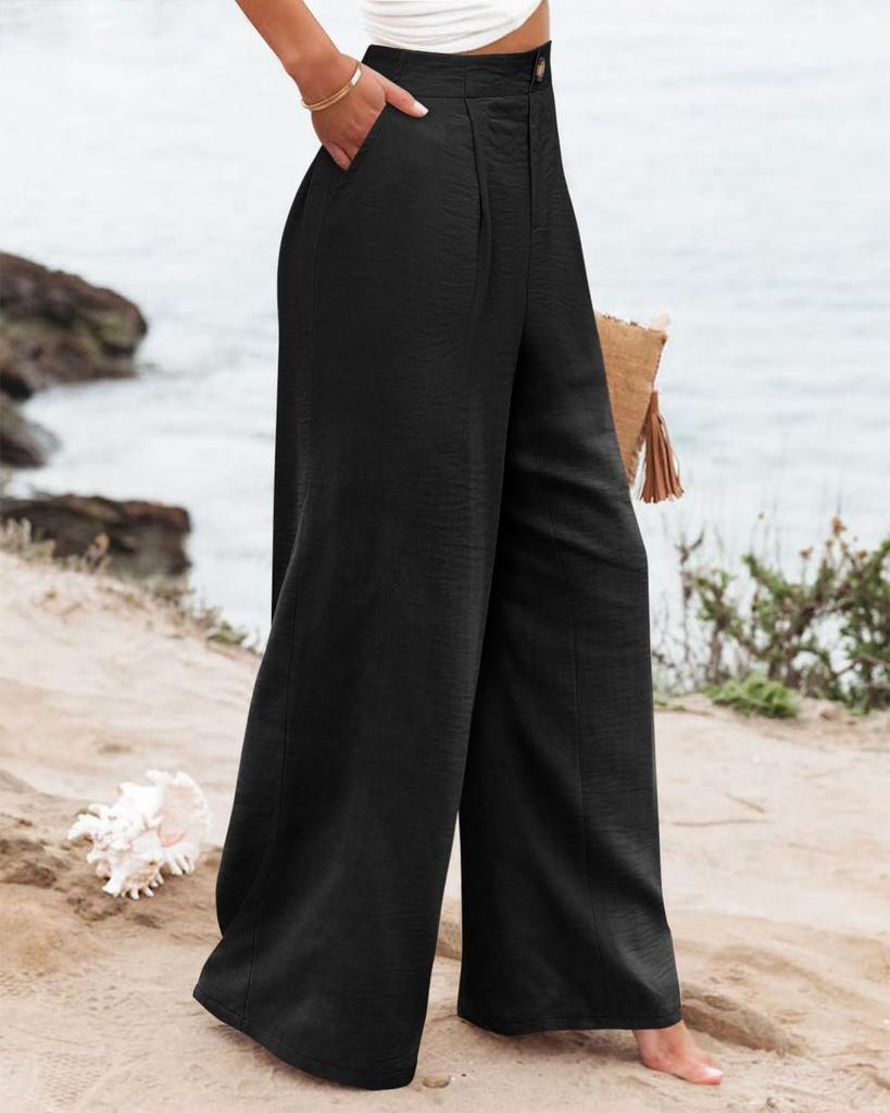 Retro Comfortable Summer Pocket Wide Leg Pants Women Elastic High Waist Casual Pants Loose Straight Solid Women's Trousers