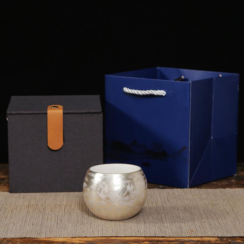 999 Vergoldetes Silber Drache und Phönix Handgefertigt Reiner Jade Keramik Geschenkbox Kung Fu Tee Set Haushaltsgebrauch Meistertasse