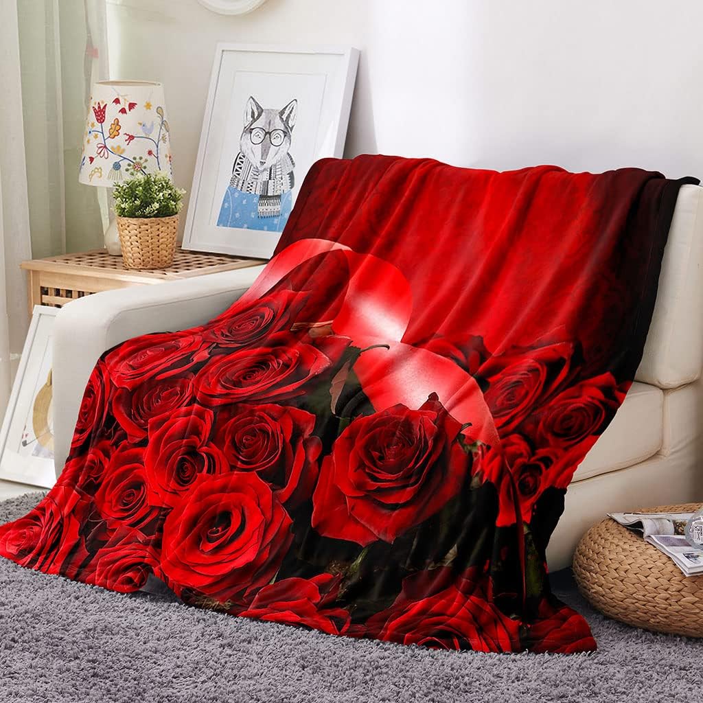 Red Roses Water Droplets Flannel Throw Blanket Valentine's Day Gift for Girls Women King Queen Size for Couch Sofa Living Room