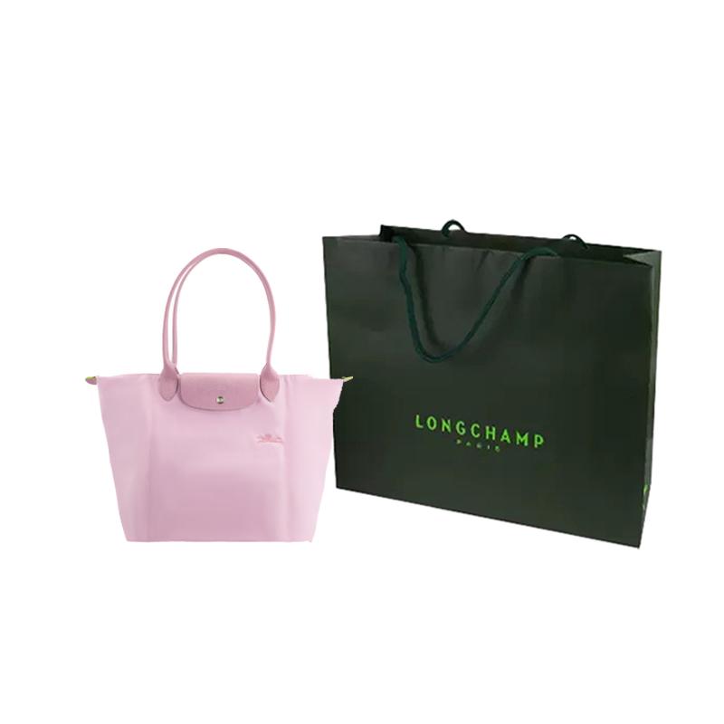 Longchamp Le Pliage Green Solid Color Embroidered Logo Snap Flap Zipper Closure Tote Bag Women Tote Bags Pink 1899919P75