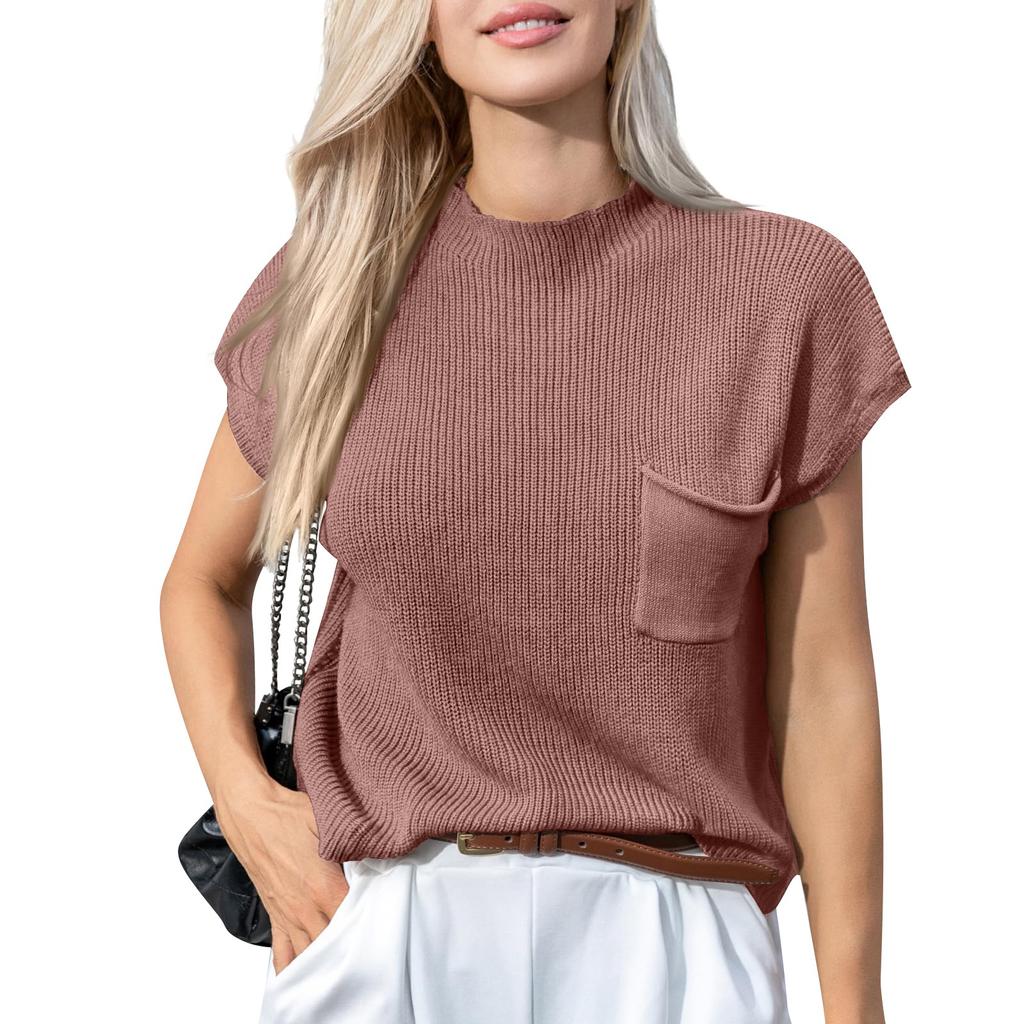 Women's Casual Fashion Sexy Color Comfortable And Breathable Round Neck Pullover Knitted Top With Pockets