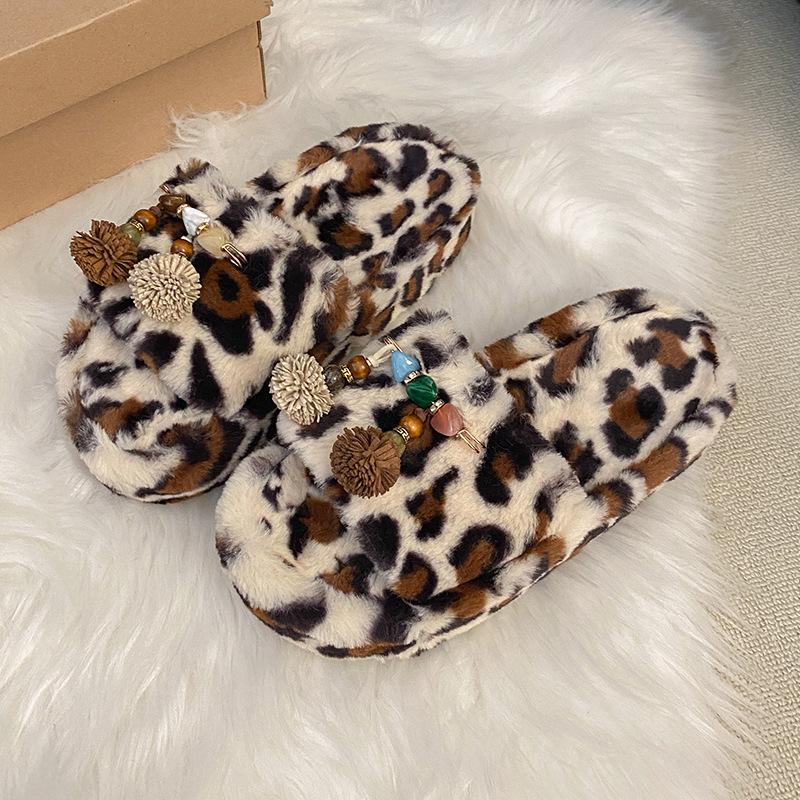 Mao Mao Slippers New Leopard Print Slippers In Autumn and Winter 2025 Wear One-word Crossed Cotton Slippers Outside the Home
