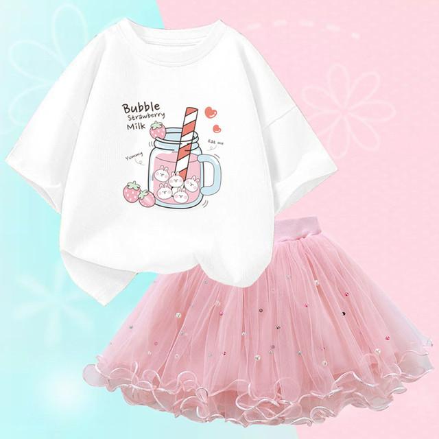 

Летний комплект принцессы с героями мультфильмов для девочек, хлопковая футболка с клубничным молоком для маленьких девочек + юбка-пачка, комплекты, милая детская одежда 9-10T(150cm)