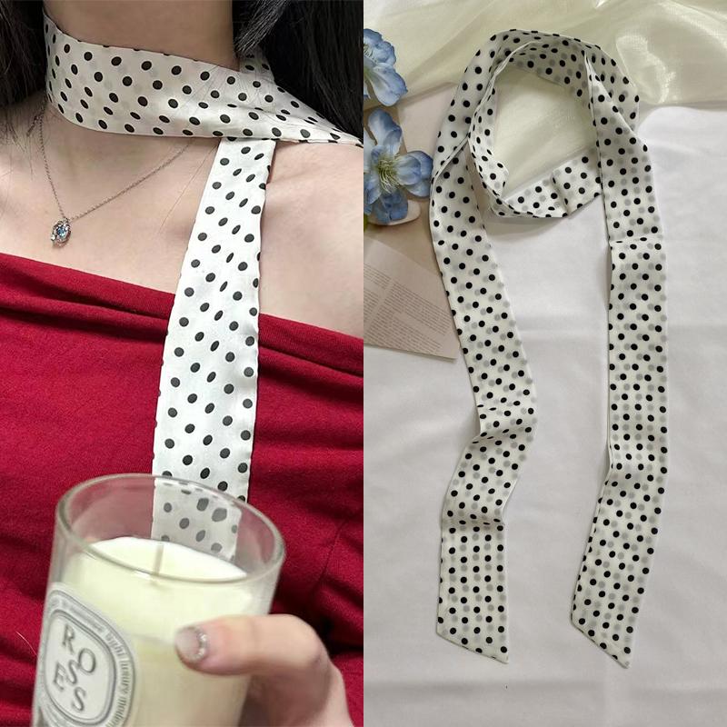 Women Narrow Long Scarf 190X4.5Cm Polka Dot Tie Bag Ribbon Headband Choker Streamer Lady Accessories