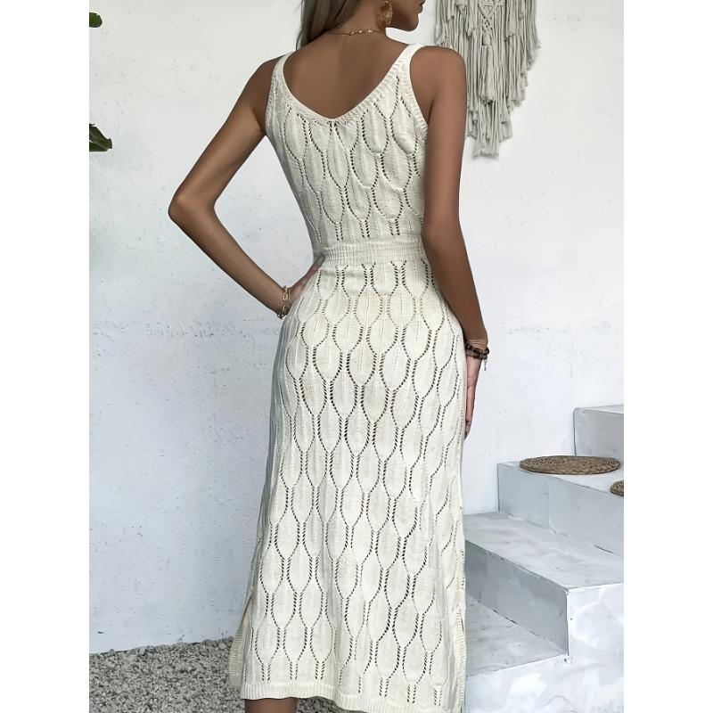 Damen Sexy Taillenbetonend Einfarbig Ausgestanzt Gestrickt Elegant Strand Midi Kleid