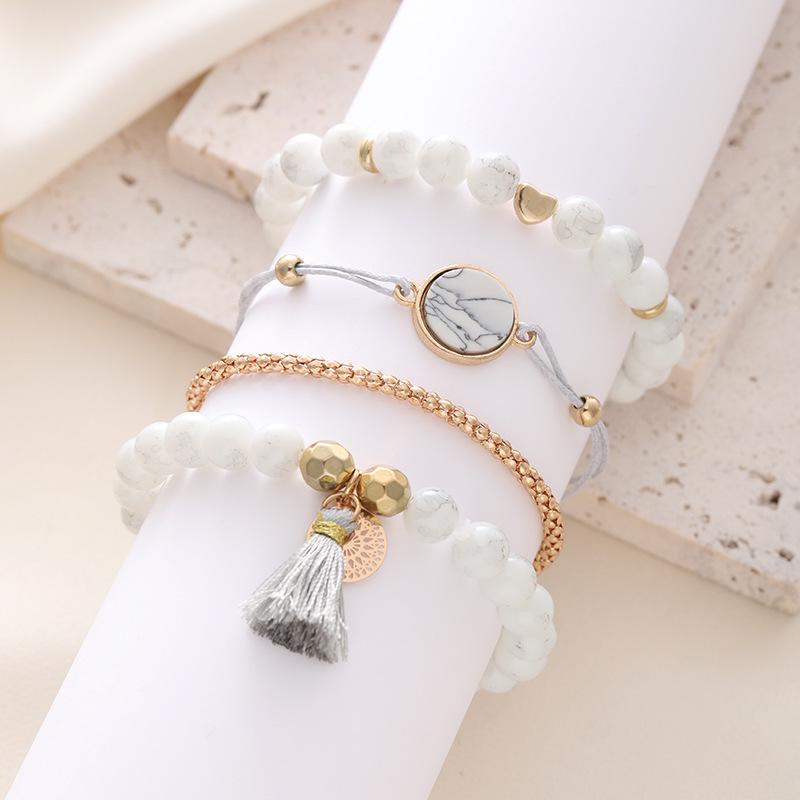 4-Piece Beaded Turquoise Tassel Bracelet Set - Trendy European  American Fashion