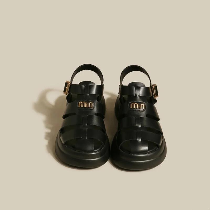 

2025 New Summer Fashion Buckle Comfortable Hollow Thick Sole British Style Square Heel Casual Sexy Women s Shoes 36 чёрный