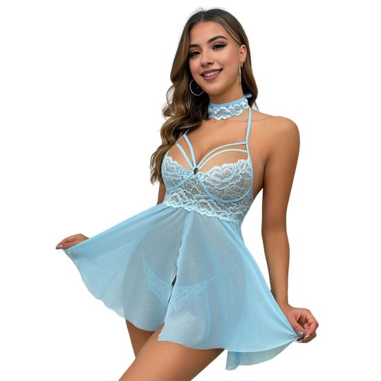 

3 шт./комплект ночная рубашка трусики воротник комплект ажурный шнуровка прозрачная кружевная сетка S светло-синий