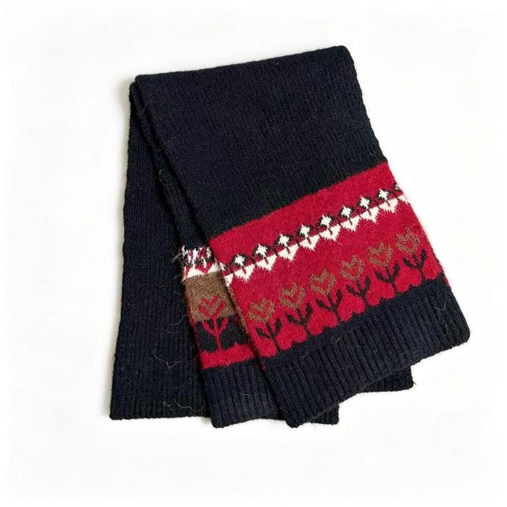 Fair Island Red Knitted Scarf Women's Autumn and Winter Thickened Warm Retro Jacquard Wool Scarf Versatile Student Model