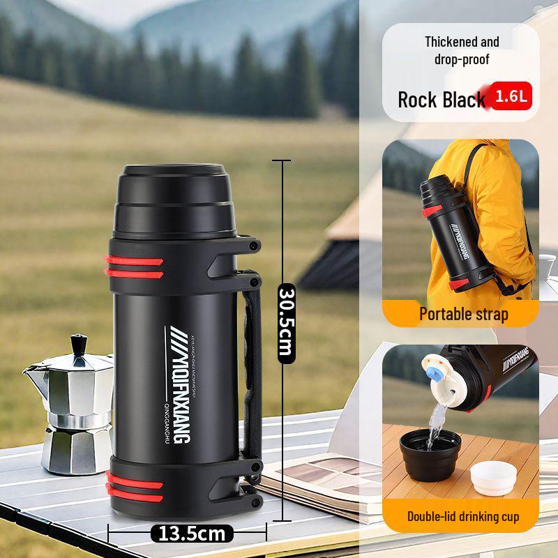 304 Stainless Steel Thermos Flask with Retractable Handle and Bowl - Large Capacity Travel Kettle for Camping