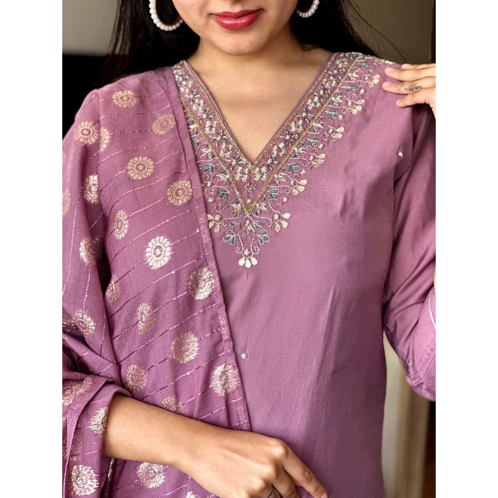 Indian Viscose Chanderi Kurta Pant Set Women Wedding Wear Top Tunic Kurti Set VDS-1697