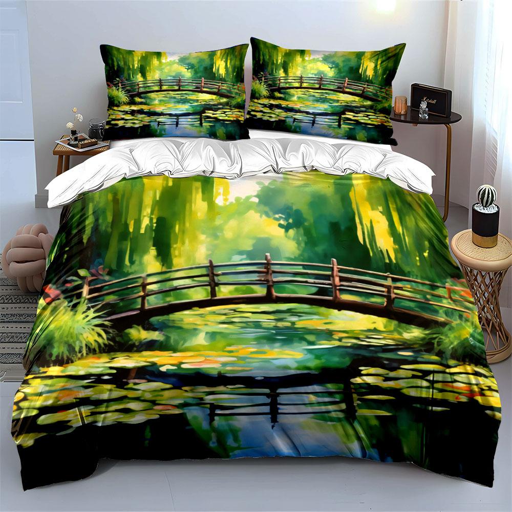 Tranquil Garden Bridge Scenery Set  Kid'S And Adults' Bedroom Decor, Exquisite Three-Piece Bedding Set Gift