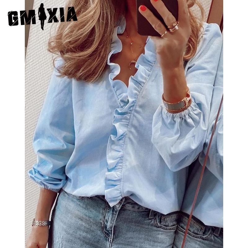 GMXIA Women's Fashion Casual Solid Color Print Long Sleeve V Neck Blouses & Shirts
