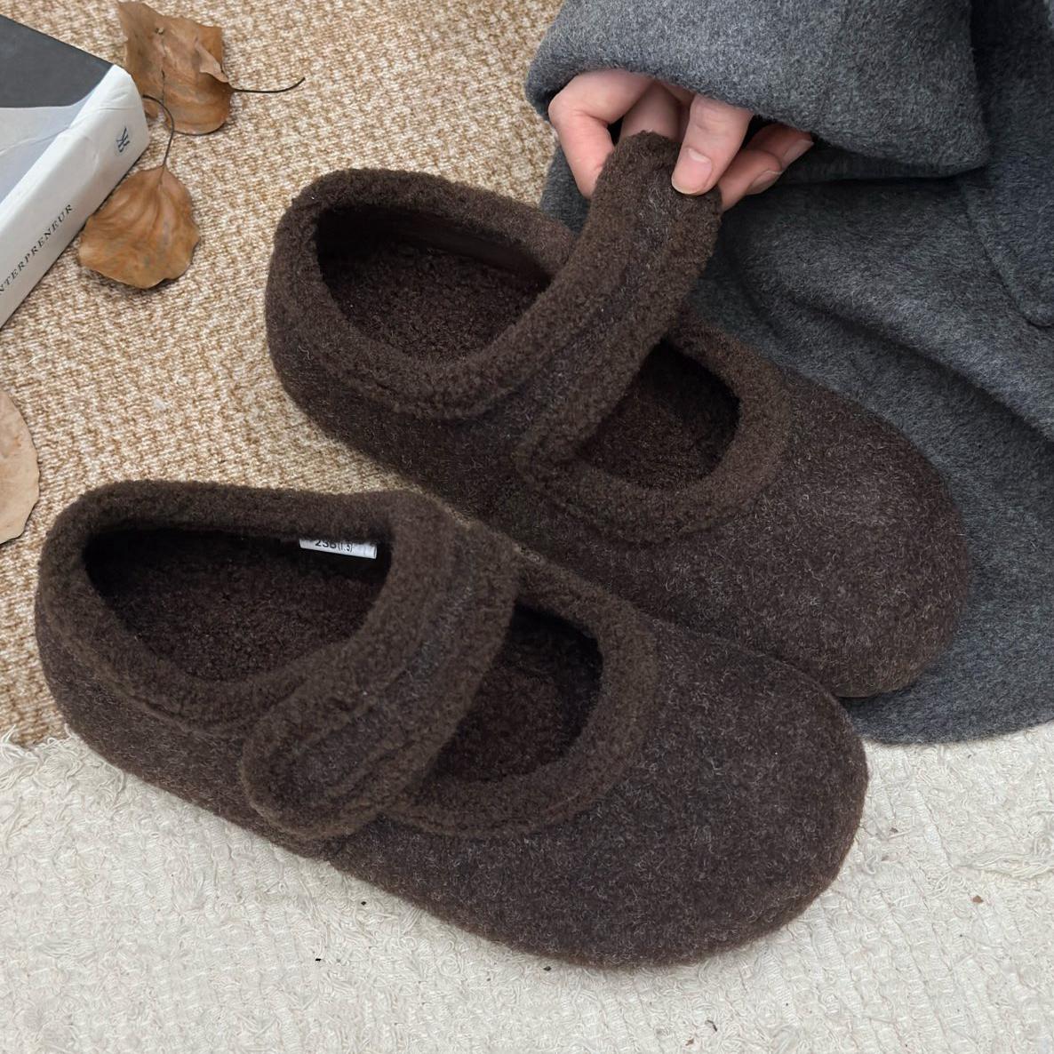 

Woolen Mary Jane Women s 2025 Autumn and Winter New Plush Warm Woolen Shoes Velcro Soft Ballet Women s Shoes 40
