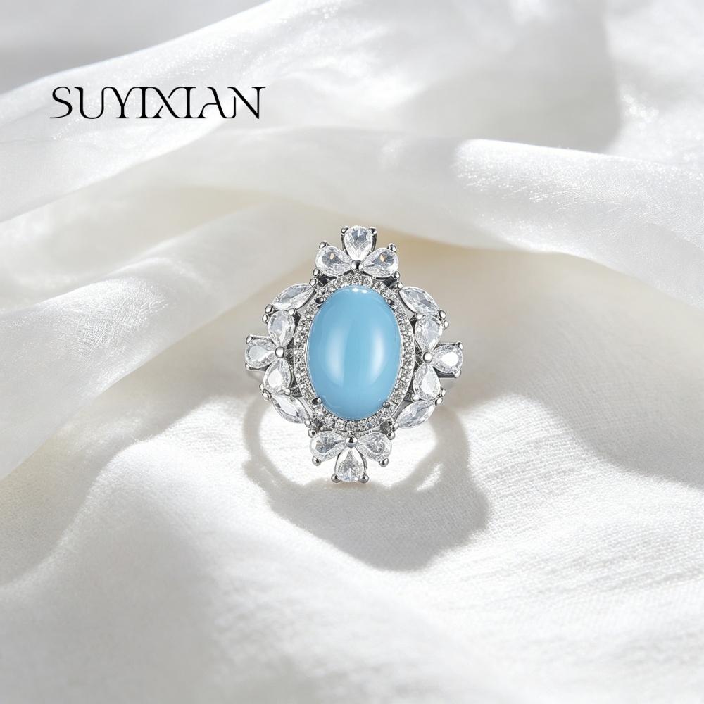 925 Sterling Silver Stylish Vintage Blue Turquoise Zircon Ring, Birthday Anniversary Wedding Party Gift, Ladies Jewelry
