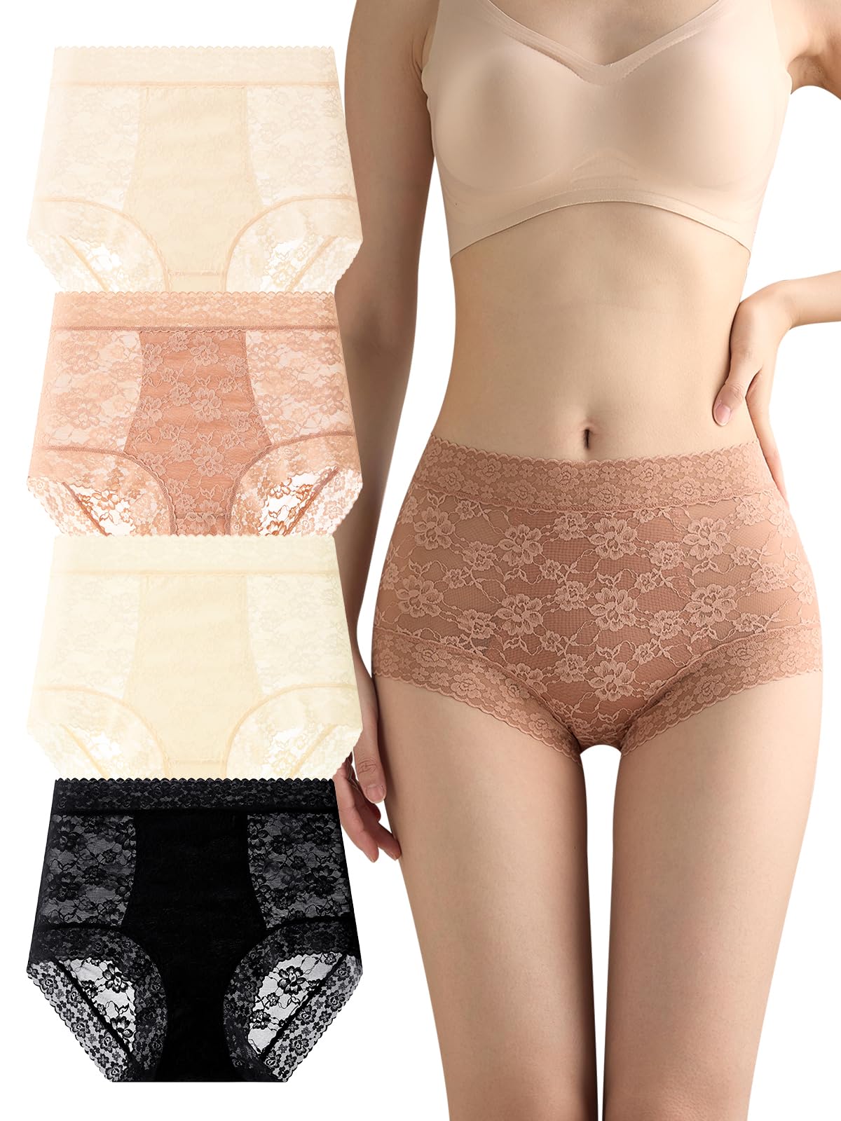 

RUOXIAO Кружевные Бесшовные Глубокие Высокие Сексуальные Кружевные Женские Трусики Глубокой Посадки, Трусики с Высокой Посадкой, Посадка, Эластичность, Дышащие, Ультратонкие, Трусики, 4 штуки