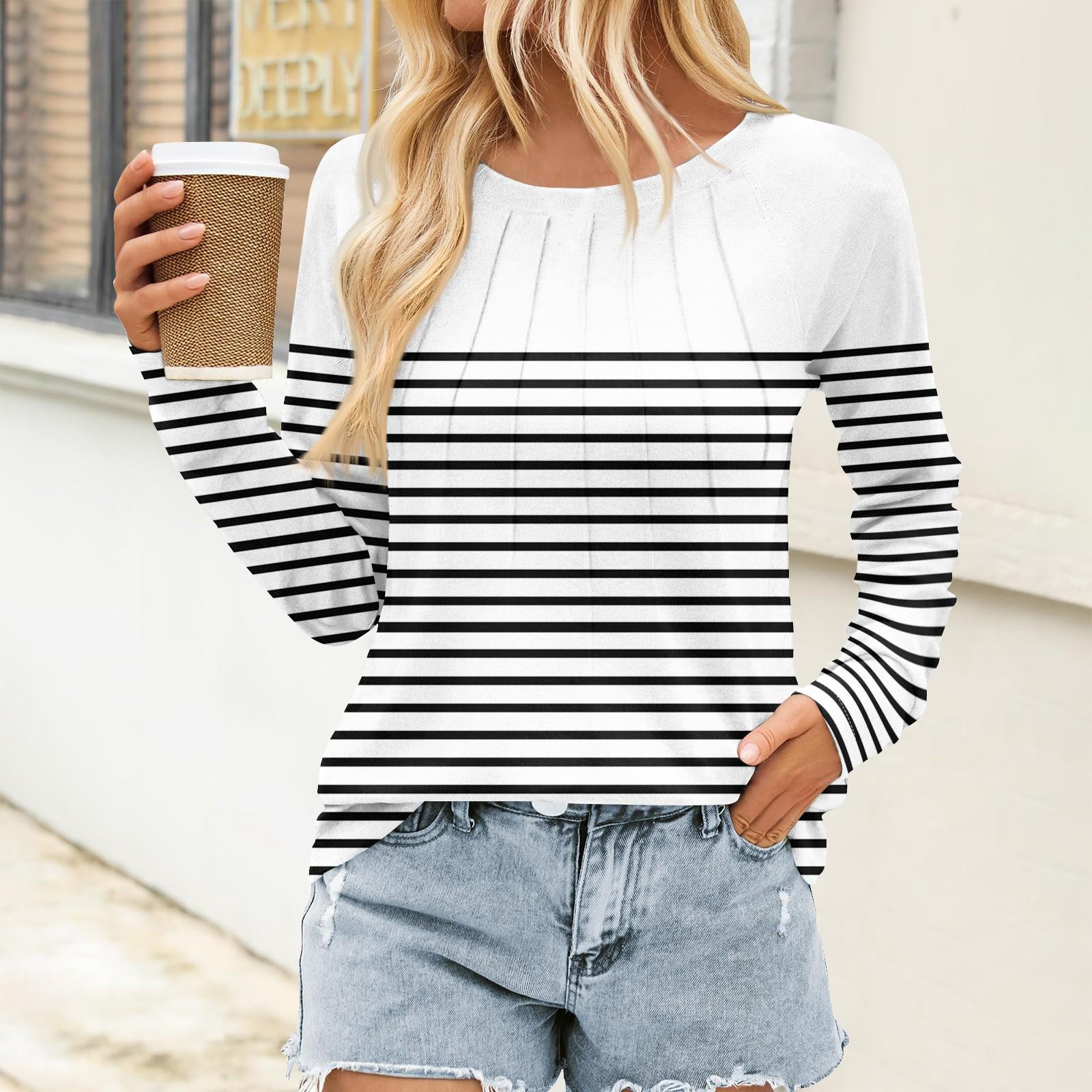 

Женский плиссированный топ с длинными рукавами, поясом, полосатым принтом, круглым вырезом XL белый